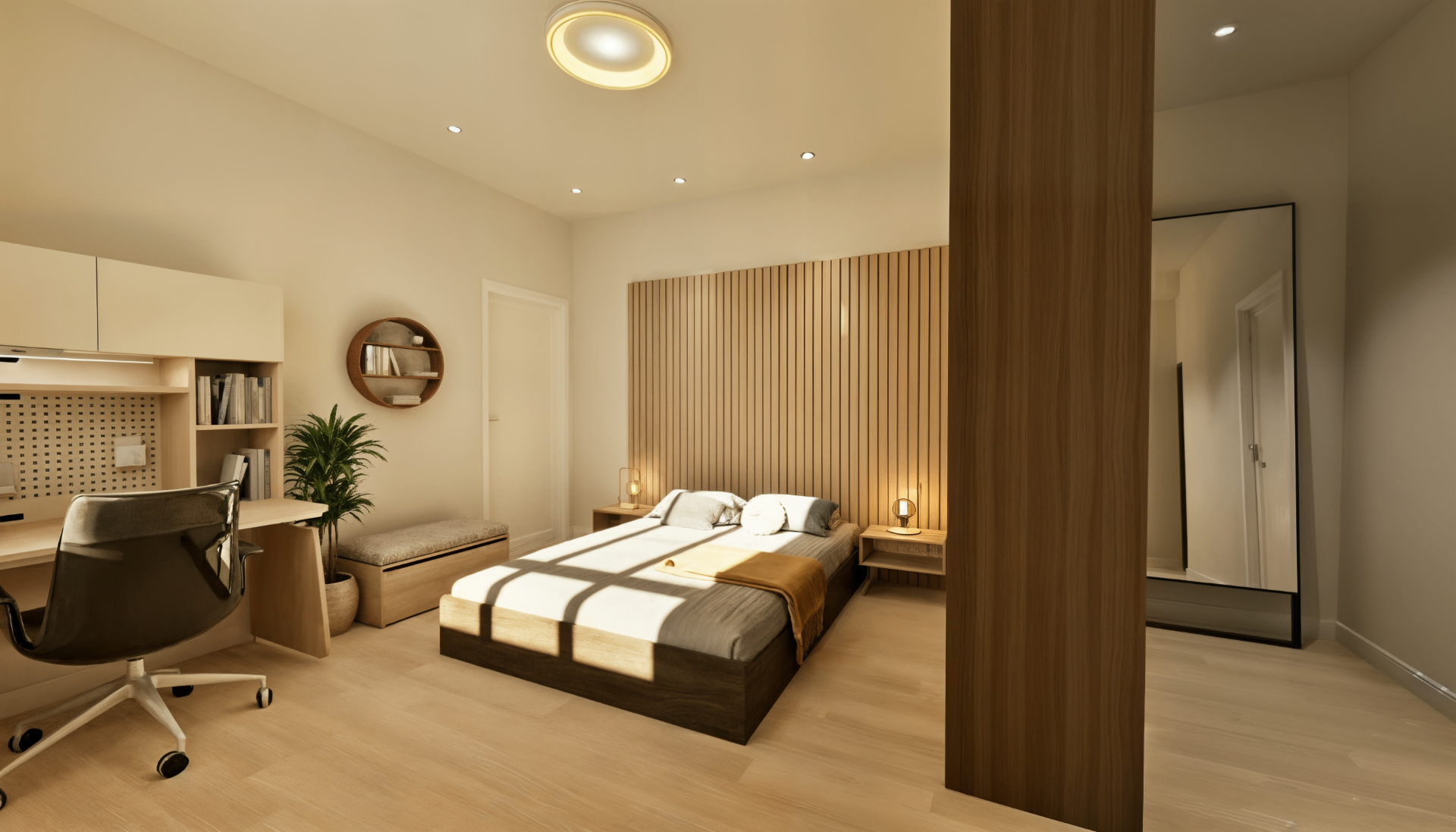 Render 3D da suite no piso inferior